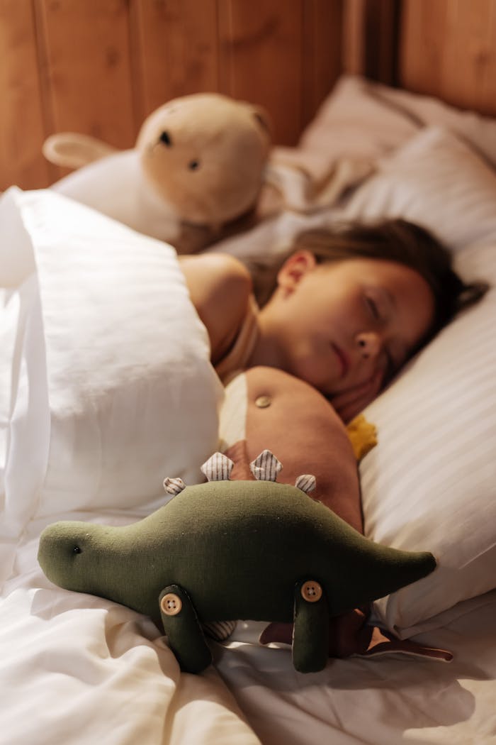 A peaceful child sleeps surrounded by plush toys in a cozy wooden bedroom.